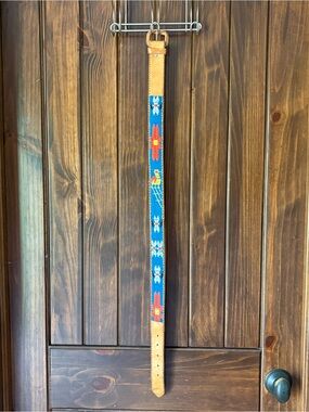 Vintage Southwestern Embroidered Leather Belt Boho Western Blue